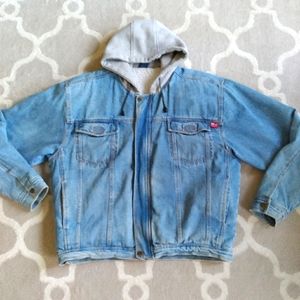 Vtg Men's Denim Jean Jacket Sherpa Lined Sz M Hooded Tru-Fit Distressed Trucker